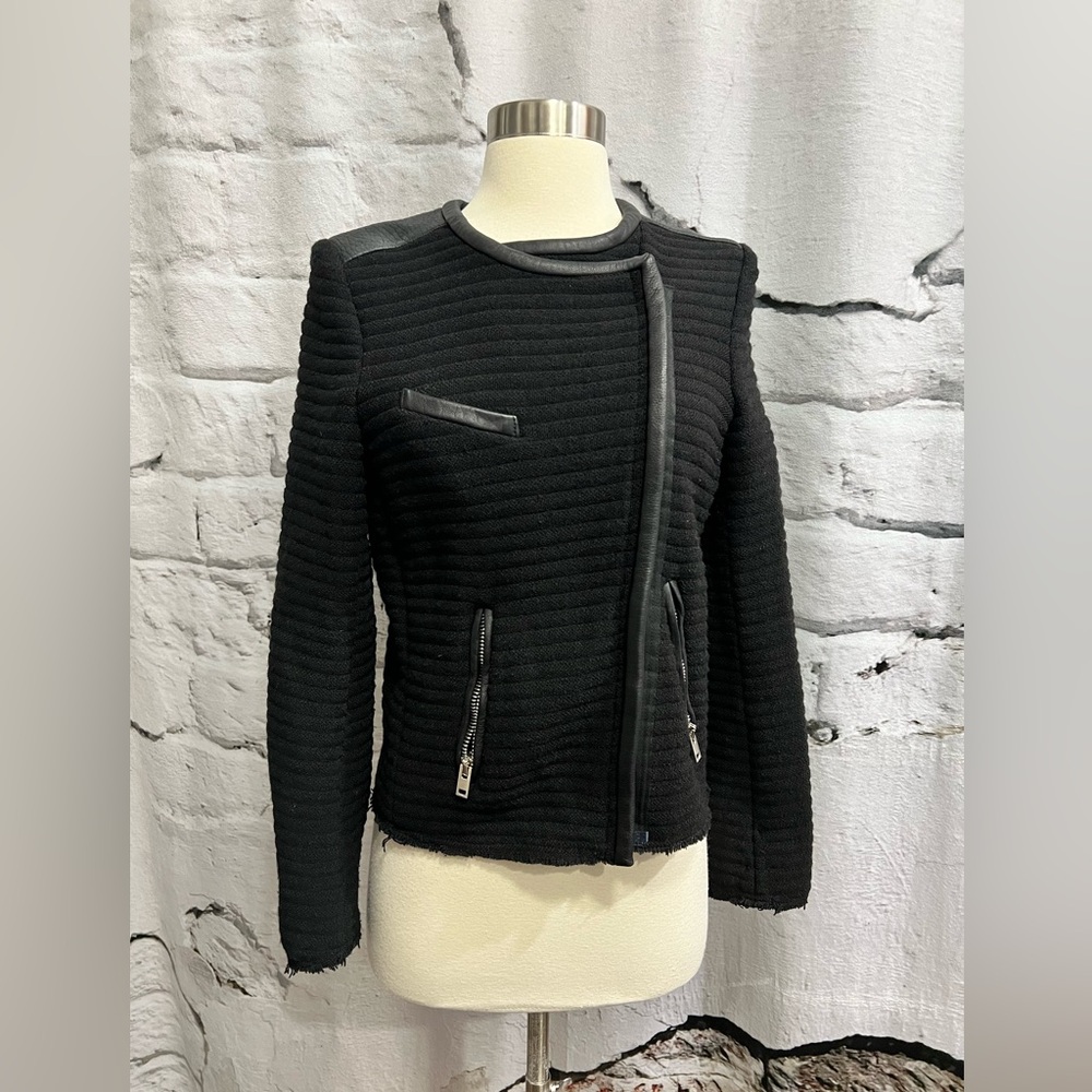 IRO Maiden Boucle‎ Knit Moto Jacket - Black Leather Trim Edgy Professional - Picture 5 of 12